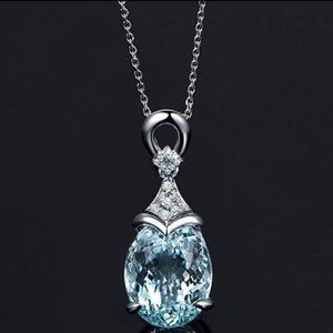 *925 Sterling Silver Aquamarine Diamond Necklace